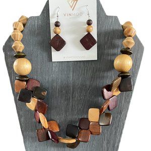 VINMOD Designs Wood Beads with Vintage Brass Accent Necklace & Earring Set 22"